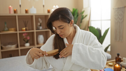 Woman combing her hair in a spa room with wellness decor and candles in the background, wearing a white robe and looking focused.