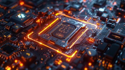 Poster - Abstract high-tech background, 3D rendering of technological circuits and chips.