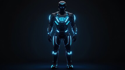 Futuristic armored soldier in neon blue light.