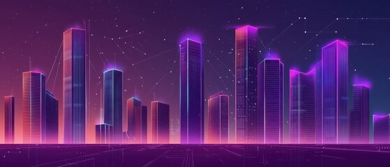 Canvas Print - A futuristic city skyline glows with vibrant purple and blue lights against a dark backdrop, creating a digital atmosphere.