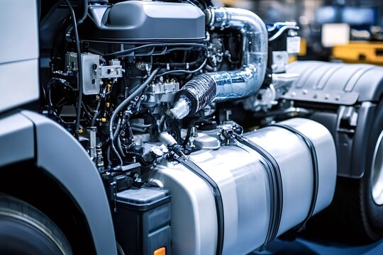 close-up view of a powerful, gleaming engine and fuel tank of a modern semi-truck, highlighting the 