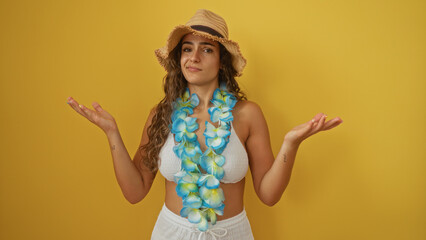 Young attractive hispanic woman in summer attire with a straw hat and floral lei posing against a vibrant yellow background