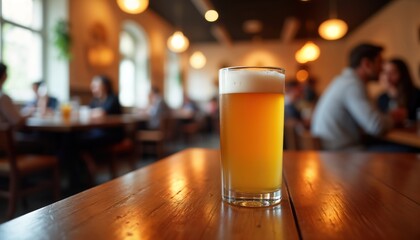 Poster - Restaurant interior with people enjoying drinks at tables. Glass of light beer sits on wooden table. Warm lighting, cozy atmosphere create relaxed ambiance. Casual eatery setting with view.
