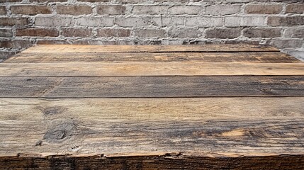 Poster - Empty rustic wooden tabletop featuring weathered wood grains, with a faded brick wall behind