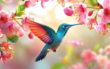 Wall Mural - A colorful hummingbird hovers near pink blossoms in a spring garden.