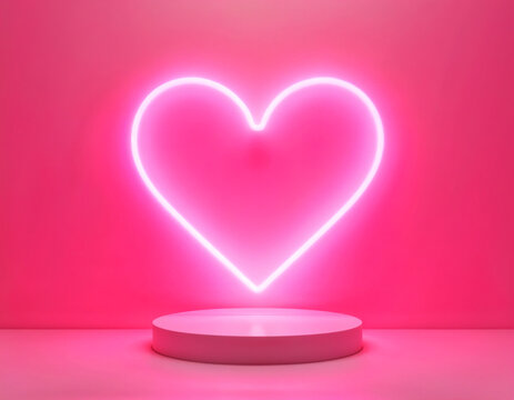 3D heart-shaped podium background vector with a white light neon outline