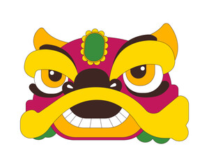Poster - Chinese lion head 2D cartoon object. Spring festival, Lunar New Year. Traditional mascot costume dance equipment isolated element flat vector clipart on white background. Spot illustration