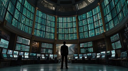 Poster - futuristic control room data center global network surveillance cybersecurity technology monitoring