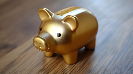 Wall Mural - Golden piggy bank on wooden surface.