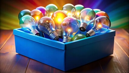 Canvas Print - Colorful light bulbs displayed in a blue box capturing vibrant creativity indoor setting artistic viewpoint