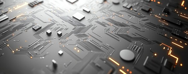 Poster - Abstract tech wallpaper shows circuit board pattern. Minimalist design with soft grey background. Subtle circuit pattern creates dynamic visual. Ample space for text logos. Ideal for presentations