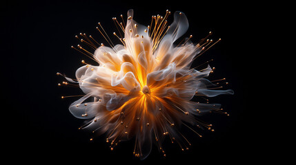 abstract glowing flower with golden light trails, futuristic energy burst, digital art concept, flor