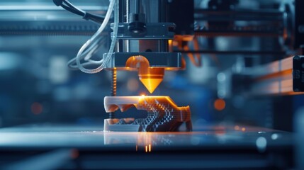 Poster - Advanced robotic arm of a 3d printer precisely layering molten plastic to construct a complex and innovative product, showcasing cutting edge manufacturing technology in a modern factory setting