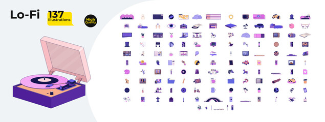 Fototapete - lofi chill cozy elements cartoon flat illustrations mega bundle. lo fi aesthetic 2d images isolated 