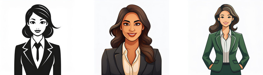 Three illustrations depict a businesswoman in varying styles: monochrome, detailed color portrait, and a stylized color figure.  The images showcase different artistic approaches to portraying a profe