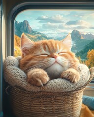 Sticker - Traveling with cat in RV concept. Cute orange cat sleeping in a basket with a scenic backdrop