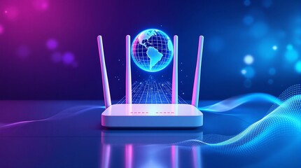 Poster - Modern High-Speed 5G Router for Home Secure Networks and Online Communication Representing High Bandwidth Internet Technology in Wide Banner Design with Copy Space and Data Elements