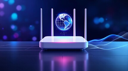 Poster - Modern High-Speed 5G Router for Home Secure Networks and Online Communication Representing High Bandwidth Internet Technology in Wide Banner Design with Copy Space and Data Elements