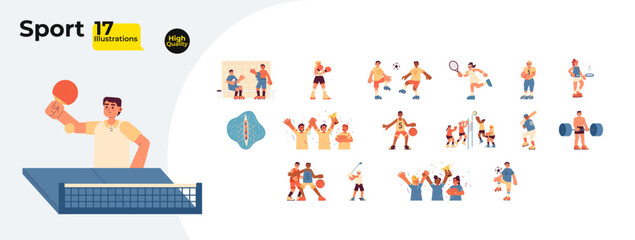 Fototapete - competitive sport playing cartoon flat illustrations mega bundle. boxing, soccer, tennis, badminton,