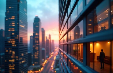 Poster - Futuristic skyscraper facade reflects cityscape at sunrise. Bokeh effect on city lights. Office interior reflected inside glass windows. Modern design, structure. Urban architecture of future. Real