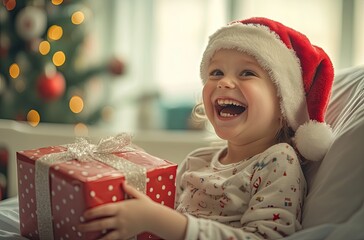 Happy child in hospital bed, wearing a Christmas hat and laughing while holding a present box with a big smile