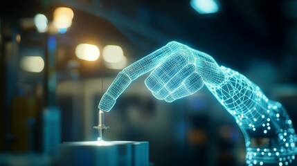  - futuristic robotic hand interacting with precision machinery in a digital workspace environment