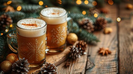 Wall Mural - Joyful celebration with frothy mugs of festive beer surrounded by seasonal decorations. Generative AI