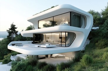 Wall Mural - A modern, minimalist villa with large glass windows and white walls