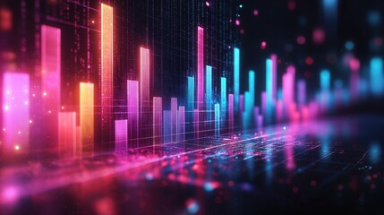Poster - Abstract glowing financial graph shows colorful bar chart, lines. Dynamic market analysis data trends presented. Visual representation of market fluctuations. Digital overview of financial