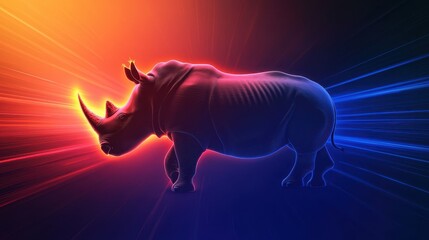 Poster - Powerful Rhino Breaking Wall Concept, Glowing Silhouette of a Rhino Breaking Through Electric Colors in a Vibrant Scene