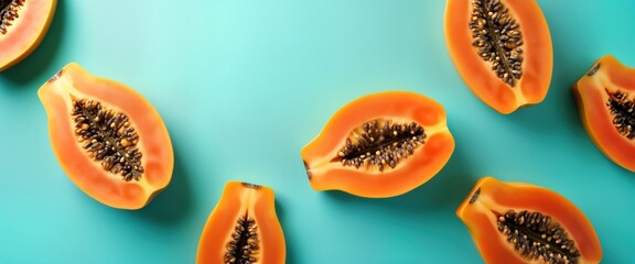 Wall Mural - Fresh papaya fruit slices arranged on teal background. Minimalist layout. Top view. Tropical exotic food banner. Healthy, sweet fruit. Juicy, ripe papayas. Natural, organic. Vegan, vegetarian