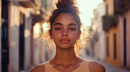 Aufkleber - A young latin woman stands confidently amidst the warm glow of an afternoon, surrounded by charming buildings. Her casual outfit and natural beauty radiate joy in the serene urban setting