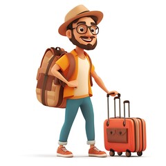 Wall Mural - Cartoon traveler with a trolley bag on a white background