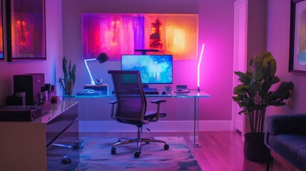 Poster - Home office with a contemporary glass desk, ergonomic chair, and neon-inspired lighting for a bold, creative environment