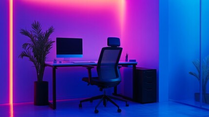 Poster - Minimalist office design with a slim desk, ergonomic mesh chair, and vibrant LED lighting framing the setup