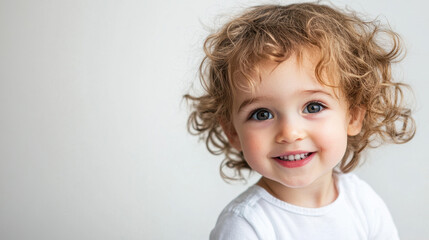 Wall Mural - Smiling young child with curly hair and bright eyes against a simple, light background.