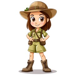 Wall Mural - Cartoon young girl in a jungle explorer outfit on a white background