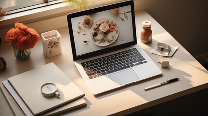 Poster - Laptop displaying food photography on a desk with flowers and stationery.