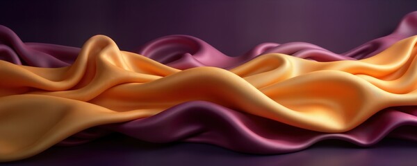Poster - Abstract illustration features luxurious flowing silk fabric in bright gold, purple gradient. Elegant silk drapes in wavy patterns. Design suggests luxurious background. Smooth texture adds to
