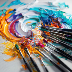 Poster - Creating abstract art closeup of an artist's palette with vibrant colors and brushes on canvas studio setting artistry concept