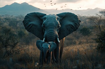 Wall Mural - A mother elephant standing with her calf in the African savannah, both facing forward and looking at the camera