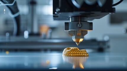 Poster - Modern industrial 3d printer printing a gold mask with laser precision in an advanced, innovative production line, showcasing cutting edge technology and automated manufacturing processes