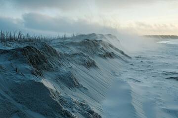 Wall Mural - Windswept dunes at sunset with water and sky in the background