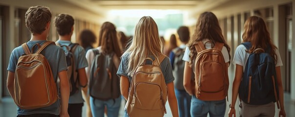 Fototapete - High school students walk in hallway. Talk, carry backpacks. Students seem happy, relaxed. Daytime scene in school. Group of teenagers walk together. Casual clothing style. Education concept.