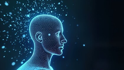 Poster - Digital human head profile view. Abstract representation of AI consciousness in cyberspace. Glowing blue dots form head shape. Futuristic tech concept. Virtual data flows around head. Advanced tech,
