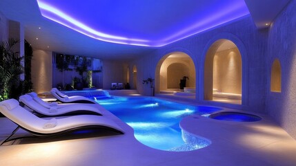 Poster - A luxurious indoor pool area with modern lounge chairs, artistic lighting, and sleek architectural elements