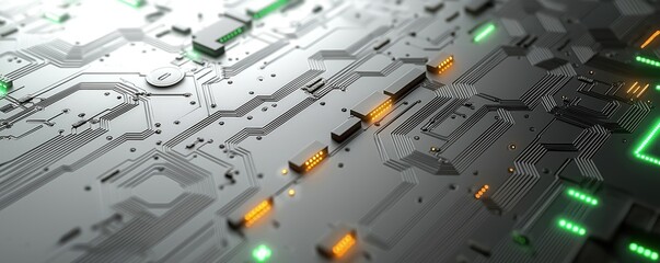  - Circuit board pattern with soft gray background. Subtle circuit lines, glowing components. Ideal for tech presentations. Minimalist tech design. Modern wallpaper concept. Abstract tech theme. Future