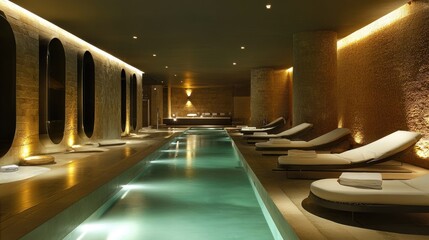 Poster - A luxurious indoor pool area with modern lounge chairs, artistic lighting, and sleek architectural elements