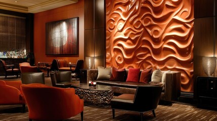 Poster - Elegant lounge area with modern furniture, textured walls, and unique decorative accents, creating a refined space