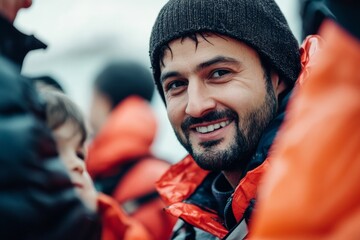 A rescuer wearing a beanie and bright jacket smiles warmly, surrounded by fellow team members, showcasing camaraderie and readiness in the face of potential challenges in rescue work.